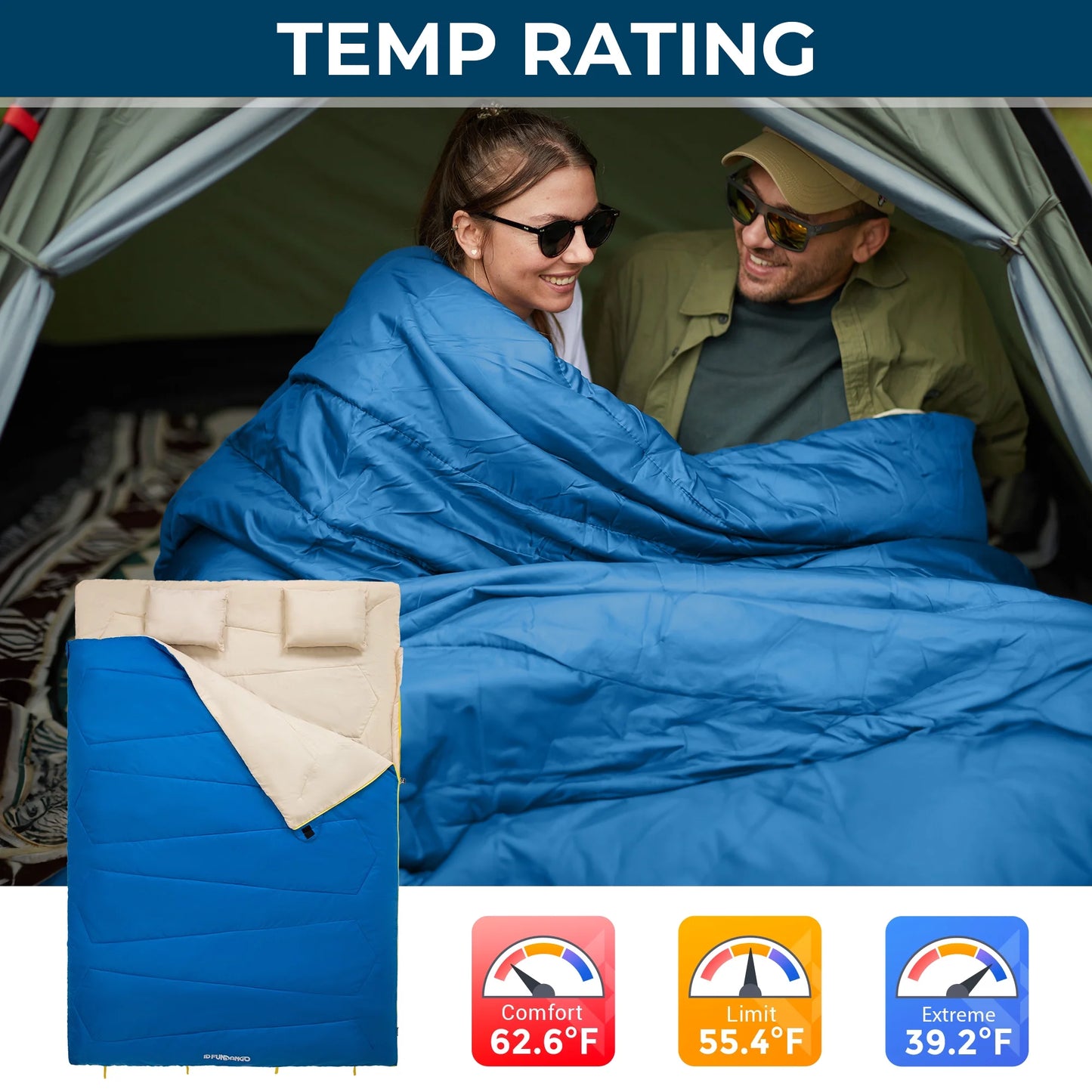 3-In-1 Double Sleeping Bag Oversized Lightweight with 2 Pillows for 3 Season Camping Adult 39.2°F-62.6°F Blue