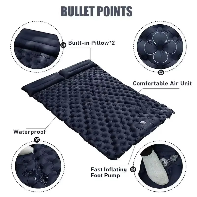 Double Sleeping Pad for Camping Self-Inflating Mat Sleeping Mattress with Pillow for Hiking Outdoor 2 Persons Travel Bed Air Mat