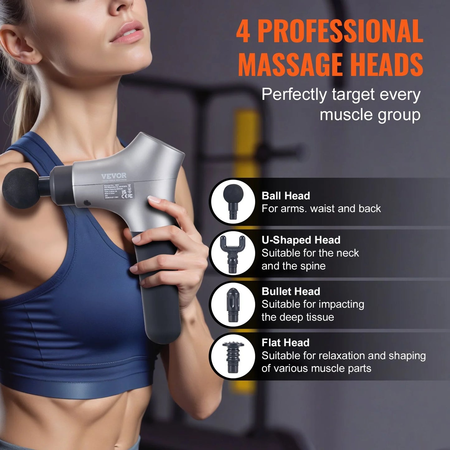 VEVOR Massage Gun Deep Tissue, Percussion Muscle Massager for Athletes - with 6 Speed Levels & 4 Massage Heads, 12V 2500Mah Batteries, Handheld Electric Massage Gun for Pain Relief, Muscle Relaxation