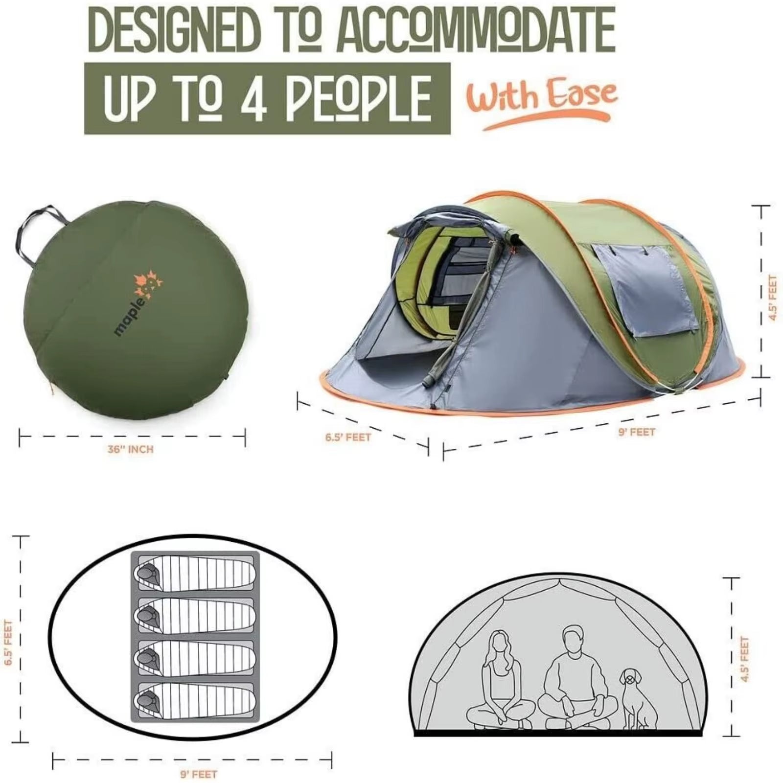 US Camping Tent - Easy Pop-Up Tent for 4 People with 2 Doors - UPF50 + Waterproof -