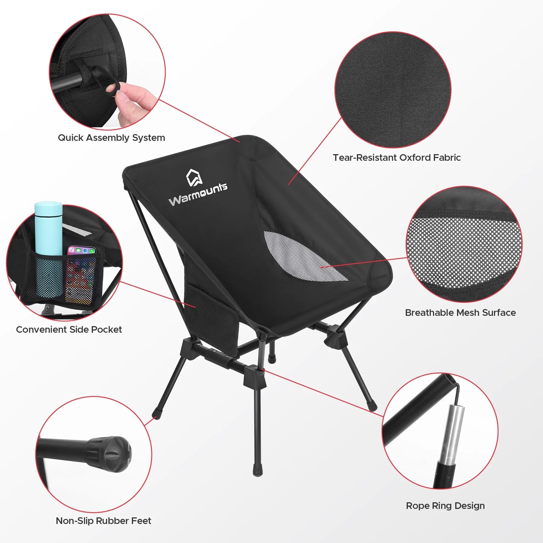 Portable Camping Chair, 400LBS Folding Backpacking Chair with Side Pocket & Carrying Bag, Ultralight Compact Beach Chair for Picnics Hiking Fishing, Black