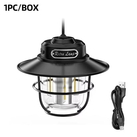 LED Camping Lamp Retro Hanging Lamp Portable Stepless Dimming Camping Light Waterproof Rechargeable Outdoor Light Lantern