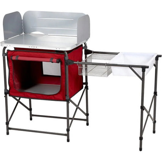 Deluxe Camping Kitchen with Storage, Silver and Red, 31" Height X 13" Width X 8.25" Length