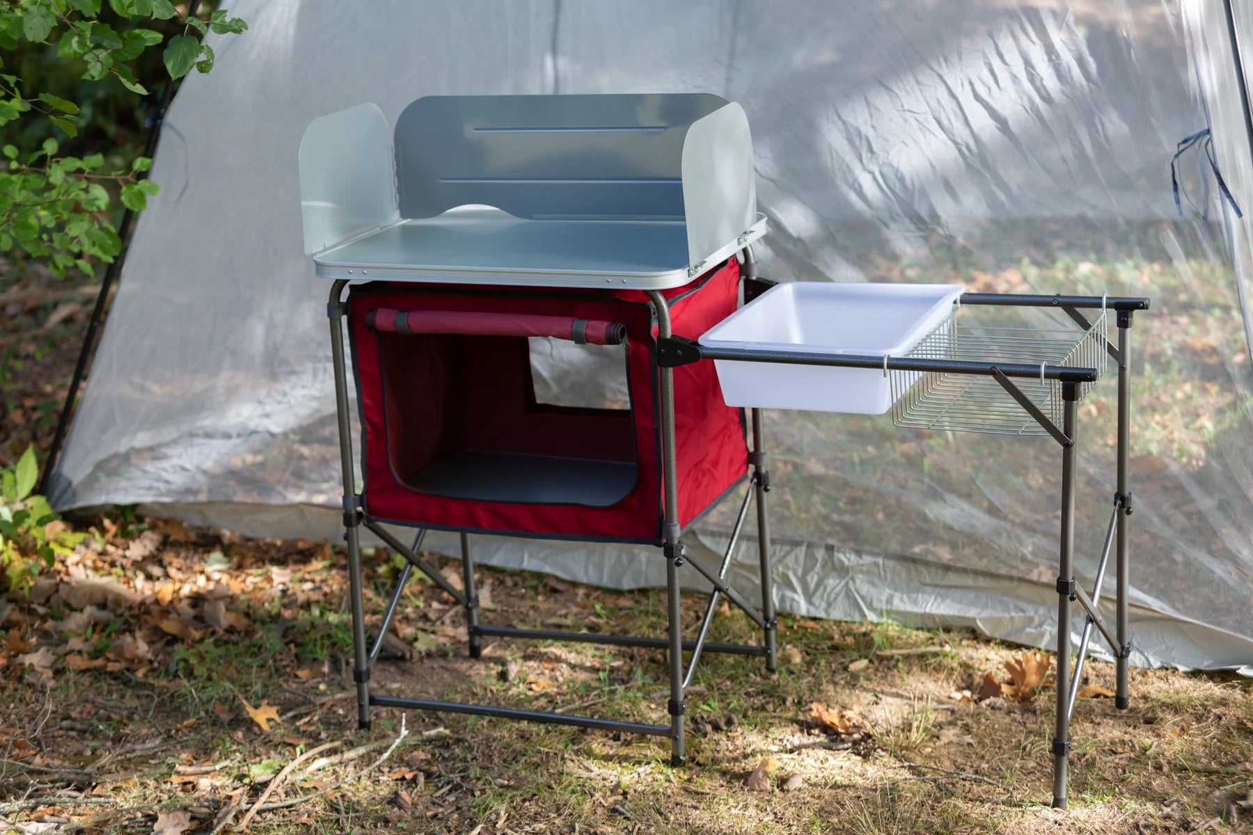 Deluxe Camping Kitchen with Storage, Silver and Red, 31" Height X 13" Width X 8.25" Length