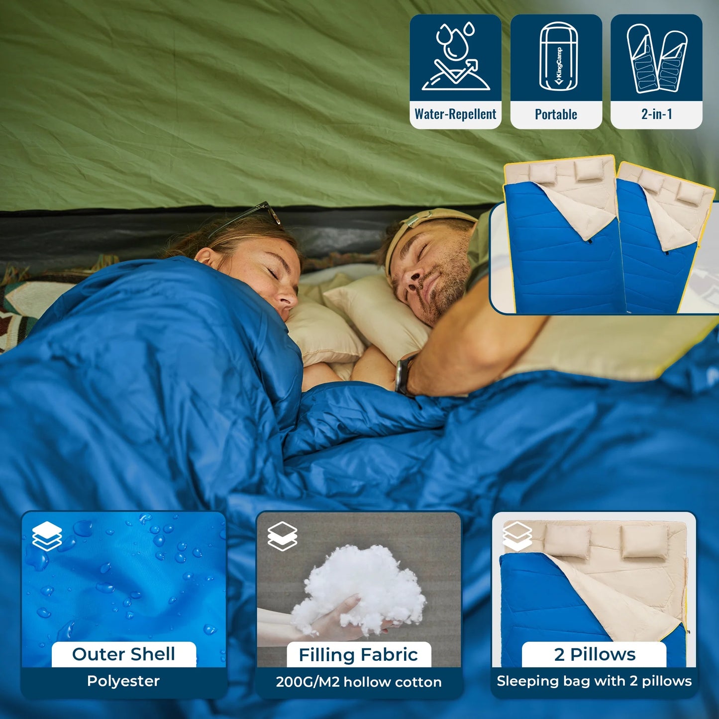 3-In-1 Double Sleeping Bag Oversized Lightweight with 2 Pillows for 3 Season Camping Adult 39.2°F-62.6°F Blue