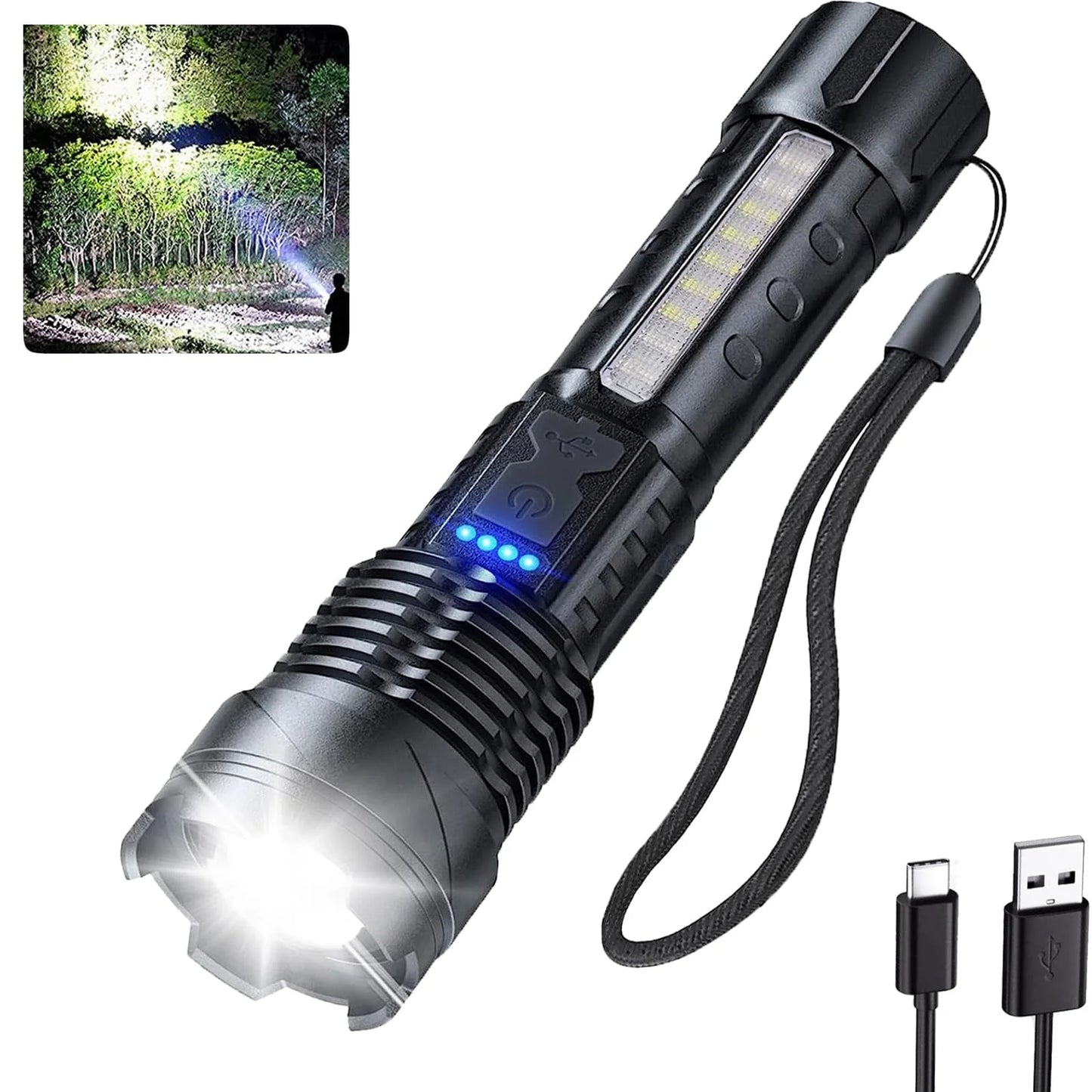 150000 Lumens Powerful Flashlight Rechargeable XHP90 Super Bright Waterproof Led Tactical Flashlight 7 Mode USB C Zoom Torch for Camping Emergency