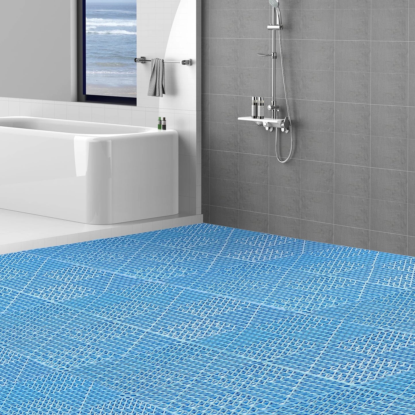 VEVOR Interlocking Tile 50PCS Blue, Drainage Tiles 12 X 12 Splicing, Soft PVC Interlocking Drainage Floor Tiles, Non-Slip Drainage Holes for Restroom, Bathroom, Kitchen, Pool, Wet Areas