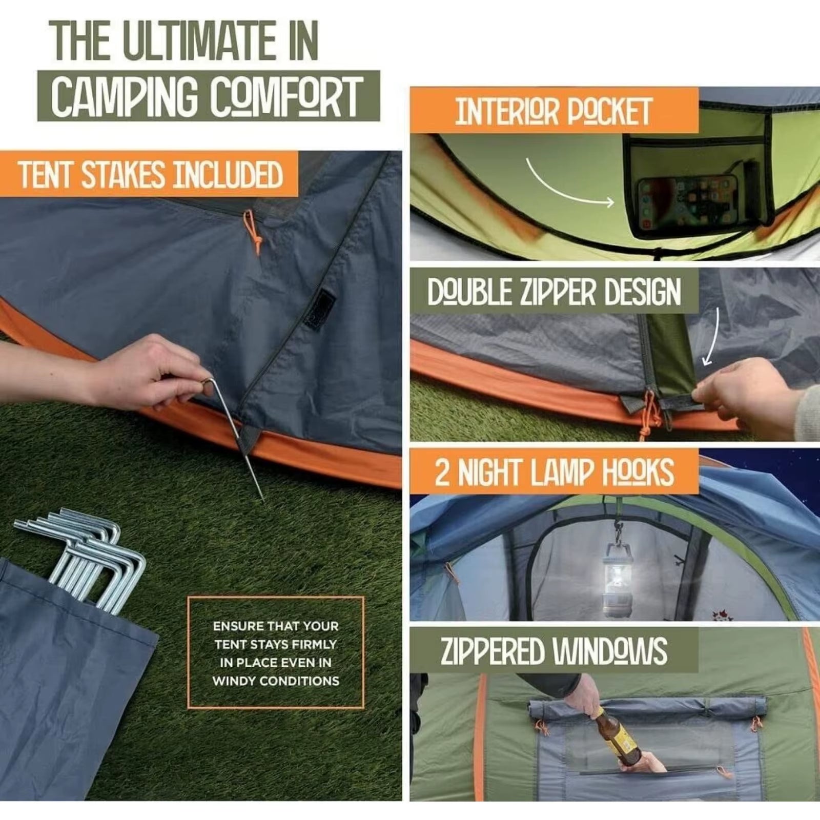 US Camping Tent - Easy Pop-Up Tent for 4 People with 2 Doors - UPF50 + Waterproof -