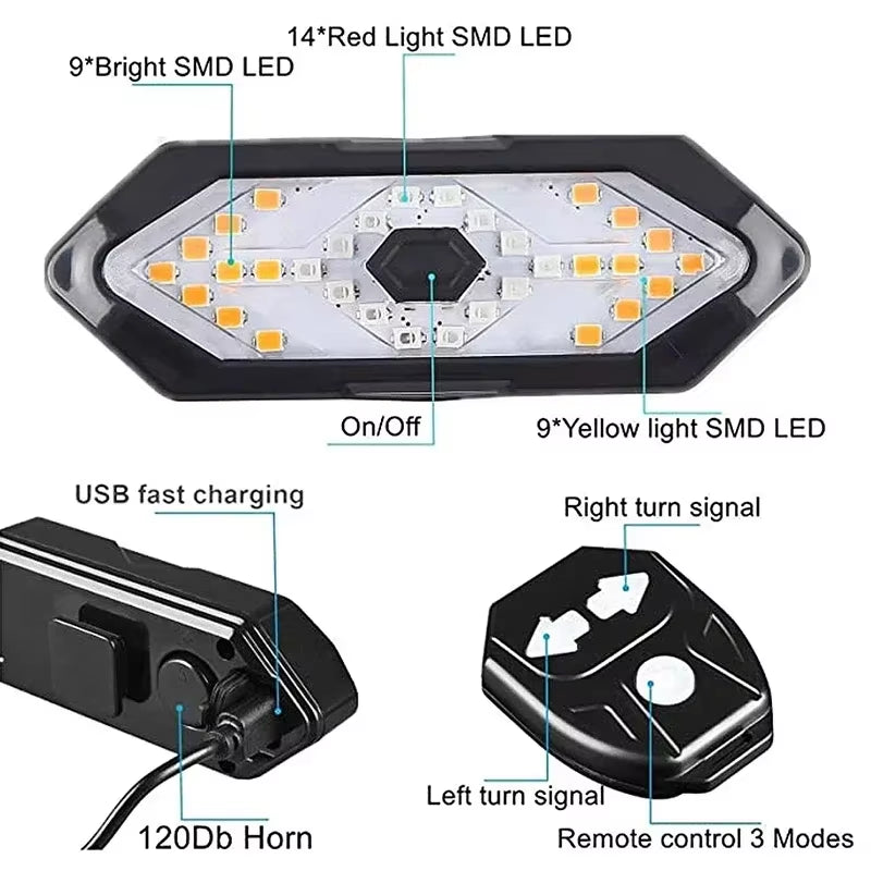 Bicycle Turn Signal Rear Light Remote USB Rechargeable Bright Taillight Fit on Any Bike Wireless Safety Lamp Cycling Accessories