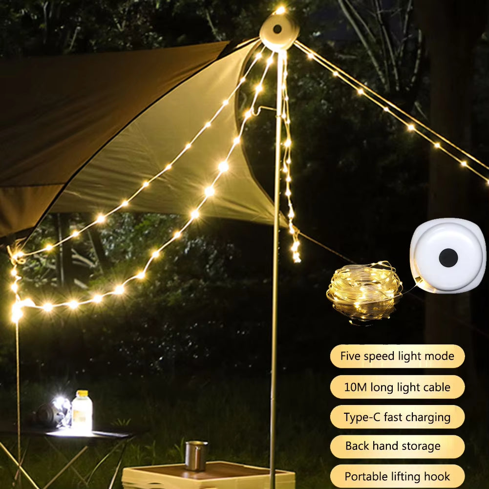 LED Camping Lamp Strip Atmosphere 10M Waterproof Recyclable Light Belt Outdoor Garden Hanging Lamp Tent Room Weddings Decoration