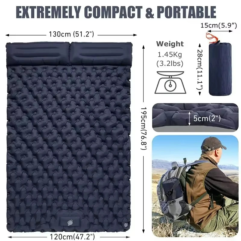 Double Sleeping Pad for Camping Self-Inflating Mat Sleeping Mattress with Pillow for Hiking Outdoor 2 Persons Travel Bed Air Mat