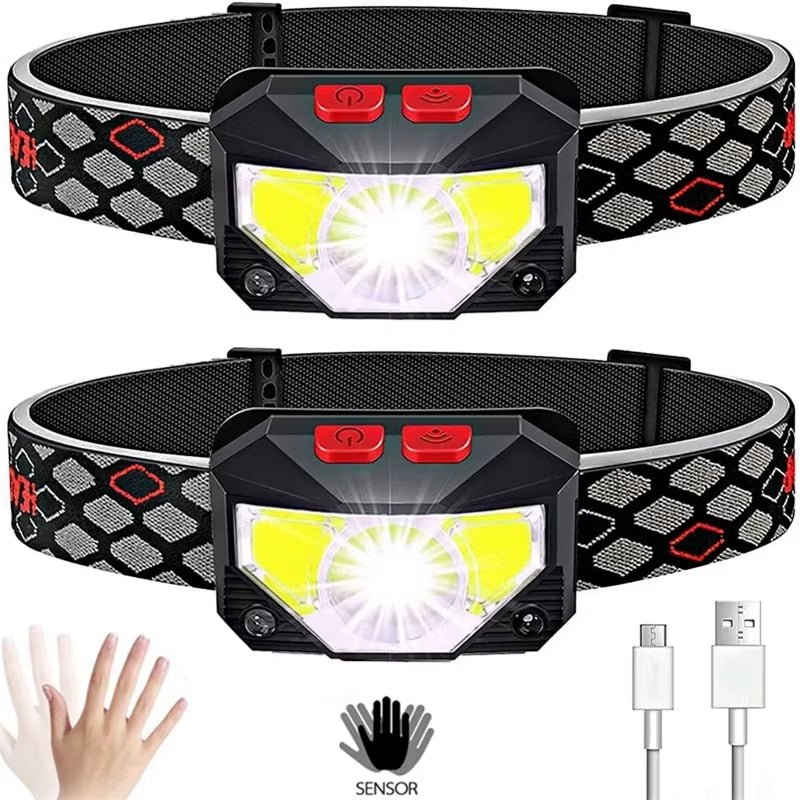 2 Pack Powerful LED Headlight Sensor Head Light USB Rechargeable Headlamp Head Torch Waterproof Flashlights for Camping Hiking