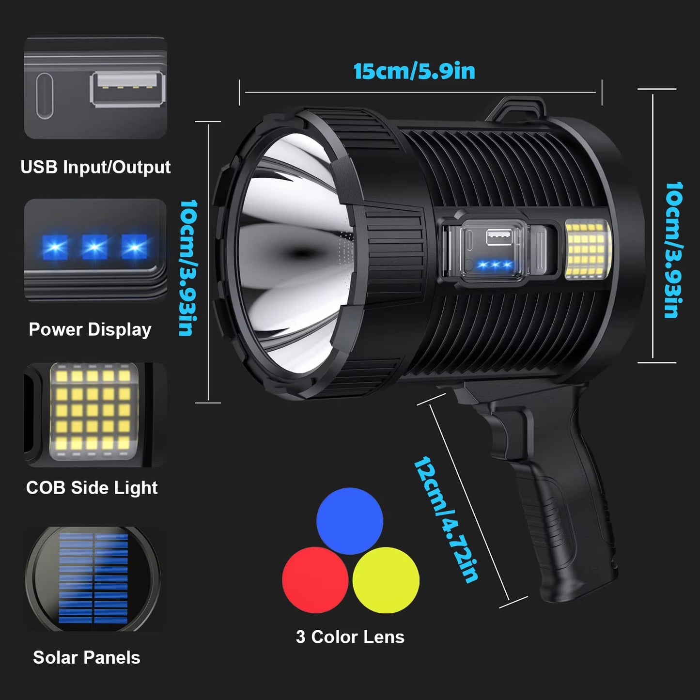 Rechargeable Spotlight 900000 Lumens Led Spot Lights Handheld Large Flashlight Super Bright Outdoor Solar Spotlights Searchlight