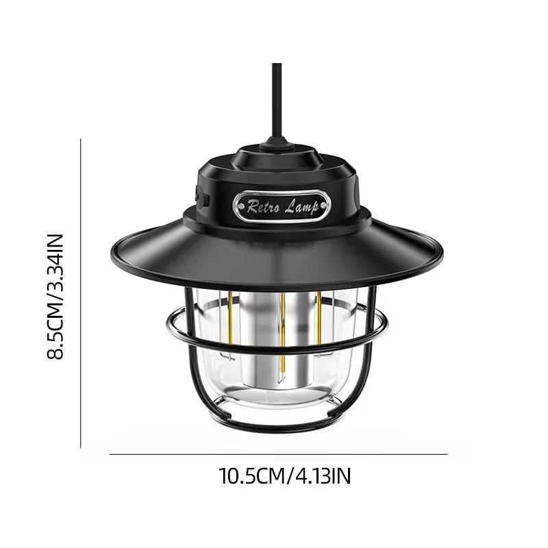 LED Camping Lamp Retro Hanging Lamp Portable Stepless Dimming Camping Light Waterproof Rechargeable Outdoor Light Lantern