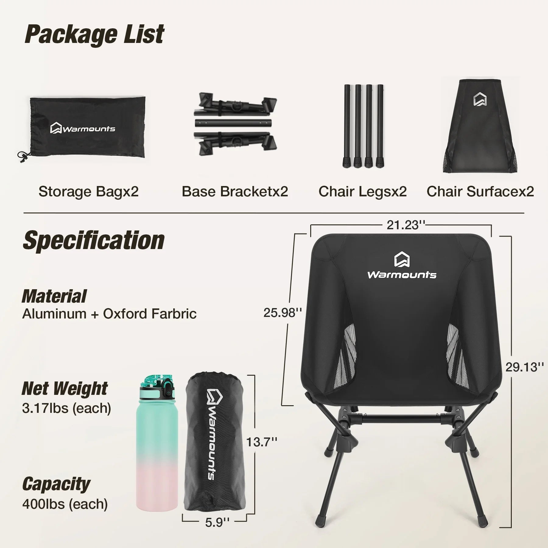 Portable Camping Chair, 400LBS Folding Backpacking Chair with Side Pocket & Carrying Bag, Ultralight Compact Beach Chair for Picnics Hiking Fishing, Black