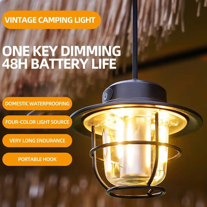 LED Camping Lamp Retro Hanging Lamp Portable Stepless Dimming Camping Light Waterproof Rechargeable Outdoor Light Lantern