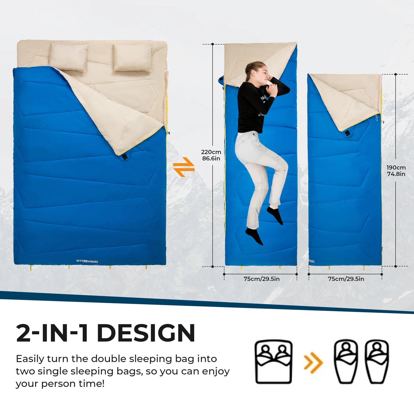 3-In-1 Double Sleeping Bag Oversized Lightweight with 2 Pillows for 3 Season Camping Adult 39.2°F-62.6°F Blue