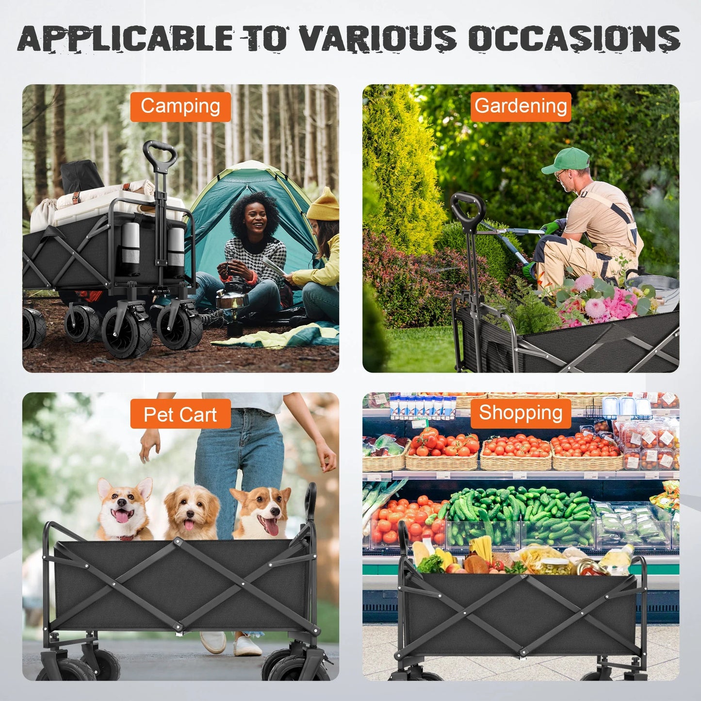 Collapsible Folding Wagon Cart, 560Lbs Large Capacity Garden Wagon, 155L Heavy Duty Utility Foldable Beach Cart with All-Terrain Wheels for Camping, Shopping, Sports, Grocery, Black