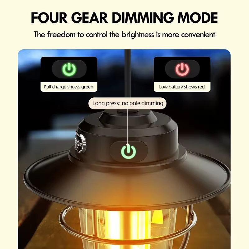 LED Camping Lamp Retro Hanging Lamp Portable Stepless Dimming Camping Light Waterproof Rechargeable Outdoor Light Lantern