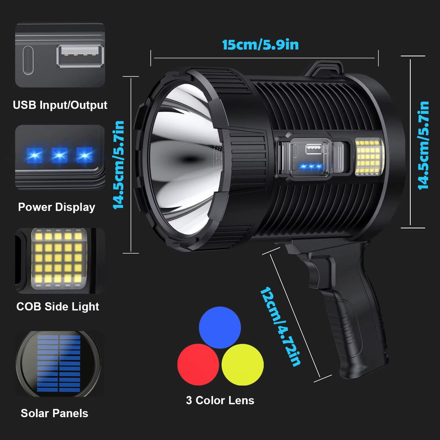 Rechargeable Spotlight 900000 Lumens Led Spot Lights Handheld Large Flashlight Super Bright Outdoor Solar Spotlights Searchlight